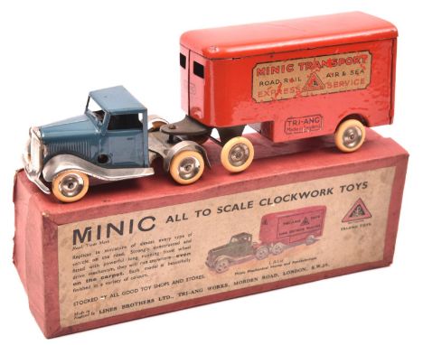 A rare Tri-ang Minic tinplate clockwork Articulated Pantechnicon No.30M. A 1930's example with mid blue normal control cab, w