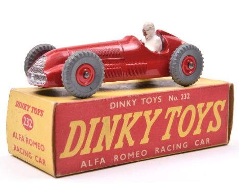 A rare Dinky Toys Alfa Romeo Racing Car (232). In red, RN8, example with red plastic wheels and grey tyres. In a late style b