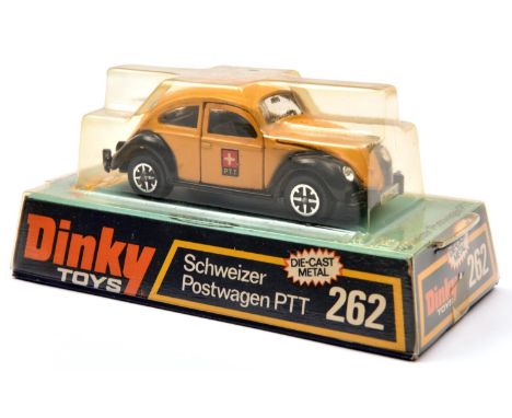 A Dinky Toys Swiss export Volkswagen Beetle 'Schweizer Postwagen PTT (262). In yellow and black livery with grey interior, ex