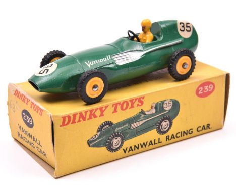 Dinky Toys Vanwall Racing Car (239). A rare late example in dark green with yellow driver, bright yellow plastic wheels and t