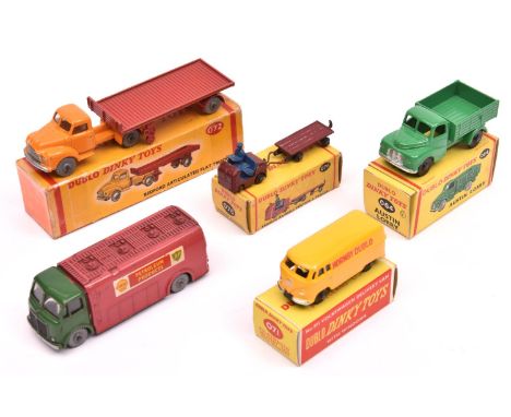 5 Dublo Dinky Toys. Austin Lorry (064). In green with  knobbly black wheels. Volkswagen Delivery Van (071). In yellow 'Hornby