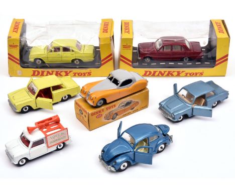 7 Dinky Toys. 2x Vauxhall Victor 101 (151). One in metallic red with cream interior and another in yellow with red interior, 