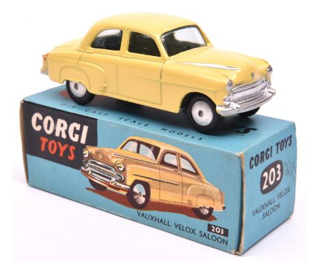 Corgi Toys Vauxhall Velox Saloon (203). An example in yellow with smooth spun wheels and black tyres. Boxed, with range leafl