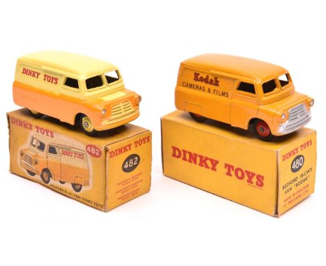 2 Dinky Toys Bedford 10CWT Vans. One in KODAK orange livery, with red wheels. The other is in yellow and orange DINKY TOYS li