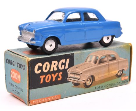 An scarce early Corgi Toys Mechanical Ford Consul Saloon (200M). An example in mid blue with smooth spun wheels. Boxed with C