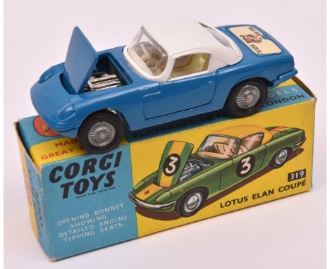 A rare Corgi Toys Lotus Elan S.2 (319). One of very few known to exist, in mid blue with white roof and interior, example wit