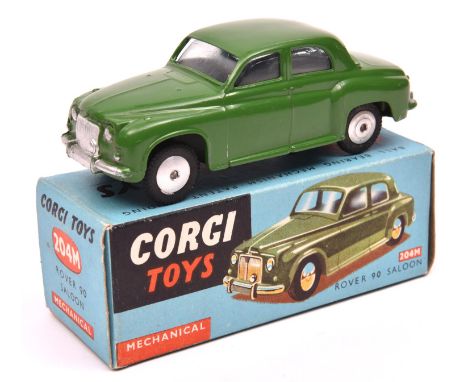 Corgi Toys Mechanical Rover 90 Saloon (204M). An example in dark green with smooth spun wheels and black tyres. Boxed, with l