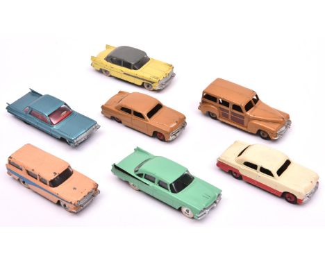 7 Dinky Toys American Cars. Cadillac in metallic blue with red interior. Dodge Royal sedan in light green with black flash. H