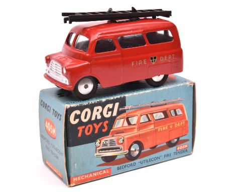 Corgi Toys Mechanical Bedford 'Utilecon' Fire Tender (405M). An example in bright red with gold/black 'FIRE DEPT' decals to s