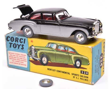 Corgi Toys Bentley Continental Sports Saloon (224). An example in black and silver, with red interior. Dished spun wheels wit