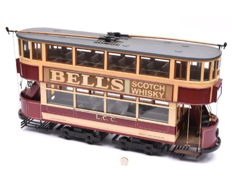 A 3.25 inch gauge LCC Class E/1 tram. An impressive London County Council tramcar modelled primarily in wood as 2857, and fin
