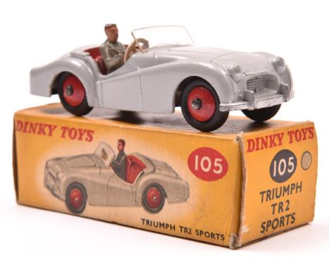 Dinky Toys Triumph TR2 Sports (105). A scarce 'Touring' example in light grey with red interior, red wheels and black tyres, 