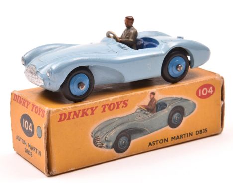 Dinky Toys Aston Martin DB3S (104). A scarce 'Touring' example in light blue with dark blue interior and mid blue wheels with