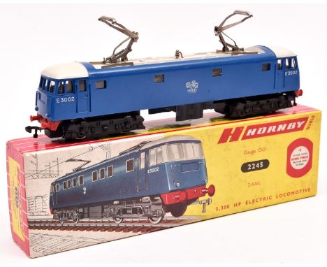 A Hornby Dublo 2-rail BR Electric overhead Bo-Bo double pantograph locomotive (2245). E3002, in blue and white livery. Boxed 