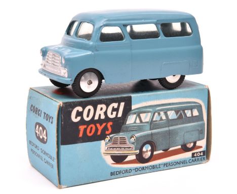 Corgi Toys Mechanical Bedford 'Dormobile' Personnel Carrier (404M). An example in mid blue with smooth spun wheels and black 