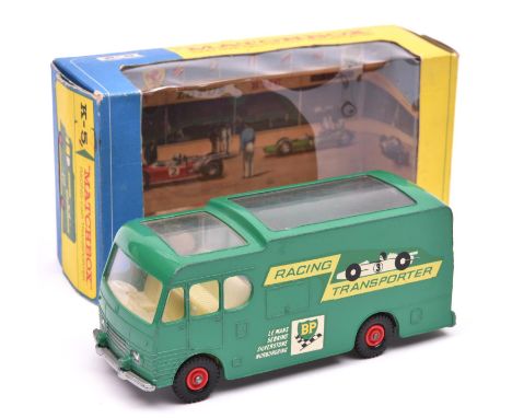 Matchbox King Size K-5 Racing Car Transporter. In green B.P. livery with red wheels and black tyres, cream interior and silve