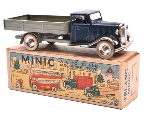Tri-ang Minic tinplate clockwork Delivery Lorry 25M. 1930's example. Dark blue normal control cab with plated mudguards, ligh