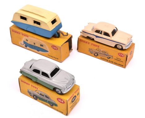 3 Dinky Toys. Vauxhall Cresta Saloon (164). In light grey and green with light grey wheels. Plus a Austin A105 Saloon (176). 