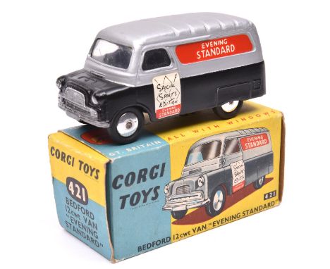 Corgi Toys Bedford 12CWT Van 'Evening Standard' (421). In two tone, silver and black with 'EVENING STANDARD' within red paper