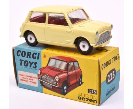 Corgi Toys Austin Seven 'Mini' (225). A scarce example in yellow with red interior, smooth spun wheels and black tyres. In an