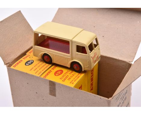 5 Dinky Toys Electric Dairy Vans. 2x Express Dairy (490), one in cream/red livery and one in light grey/mid blue livery. Both