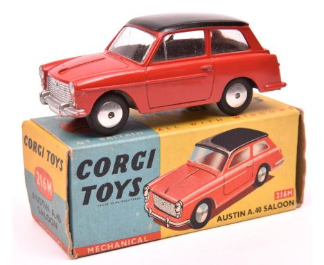 Corgi Toys Austin Mechanical A40 Saloon (216M). An example in red with black roof, smooth spun wheels and black tyres. In a r