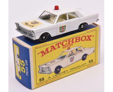 Matchbox Series No.55 Ford Galaxie Police Car. In white with white interior, POLICE &amp; shield decal to hood, red light to 