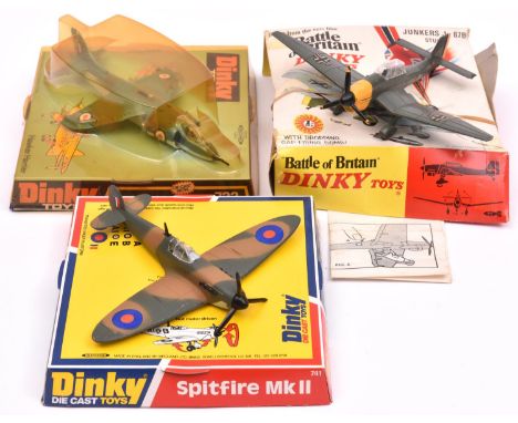 3 Dinky Toys Aircraft. Junkers Ju 87B Stuka (721). In dark green with yellow engine nacelle. Hawker Harrier (722). In camoufl