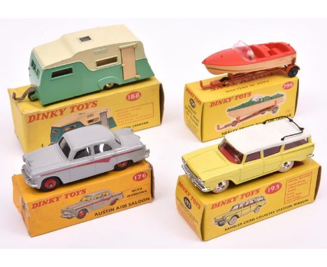 4 Dinky Toys. Austin A105 (176) in light grey with red flashes and wheels, with black tyres. Plus a 4 Berth Caravan (188) in 