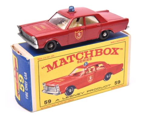 Matchbox Series No.55 Ford Galaxie Fire Chief Car. In red with white interior, FIRE CHIEF &amp; shield decal to hood, blue li
