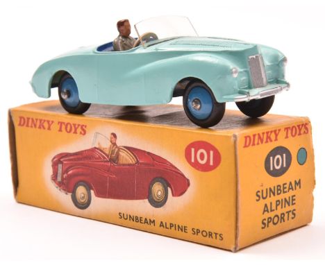 Dinky Toys Sunbeam Alpine Sports (101). 'Touring' example in light blue with dark blue interior, with mid blue wheels and bla