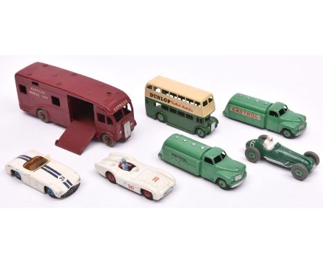 7 Dinky Toys. Including a U.S. export Maudsley Express Horse Van in maroon. 2x Studebaker petrol tankers, one CASTROL and one