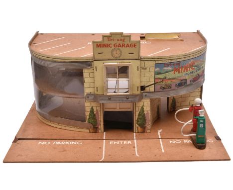 1950's Tri-ang Toys 2 Story Garage and Showroom. Hardboard construction with printed detailing, with operational front door w