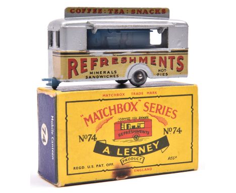 Matchbox Series No.74 Mobile Refreshments Bar. An example in metallic silver with 'REFRESHMENTS in red to sides, with light b