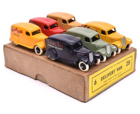 A Copy Dinky Toys Trade Box for 6 Delivery Van (28). Containing 6 white metal reproduction Delivery Vans in the following liv