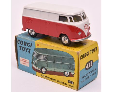 Corgi Toys Volkswagen Delivery Van (433). In white and red, with yellow interior, dished spun wheels and black tyres. Boxed, 
