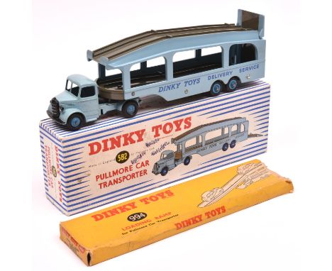 A rare Dinky Toys Bedford Pullmore Car Transporter (582). An example in light blue with mid blue wheels, dark grey load beds,