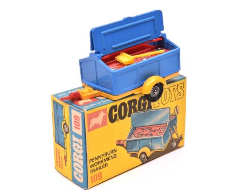 Corgi Toys Pennyburn Workmans Trailer (109). In light blue and yellow, with cast wheels and correct black tyres. Complete wit