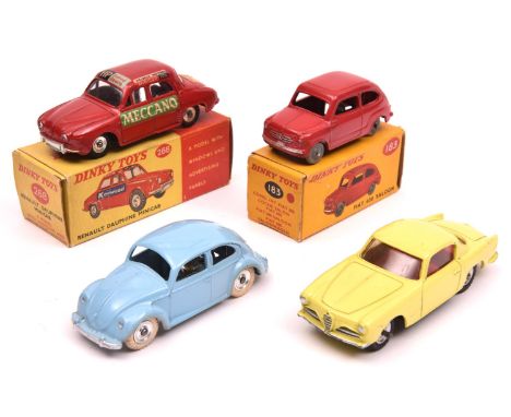 4 Dinky Toys. Fiat 600 Saloon (183). Example in red with grey plastic wheels. Plus a Renault Dauphine Minicab (268) in red wi