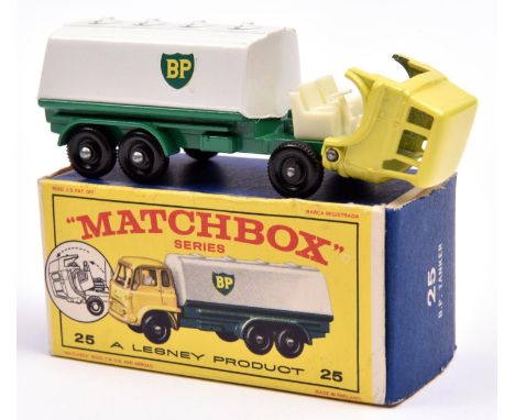 Matchbox Series No.25 Bedford B.P. Petrol Tanker. Yellow cab with white interior, white tank with BP decals to sides and back