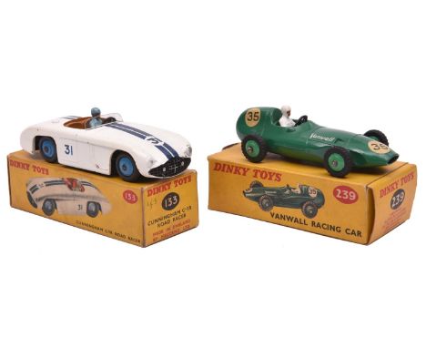 2 Dinky Toys Racing Cars. Cunningham C-5R Road Racer (133). In white with dark blue twin racing stripes, mid brown interior, 