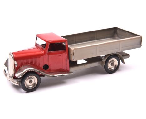 Tri-ang Minic tinplate clockwork Delivery Lorry No.25M. Example with red normal control cab, with plated mudguards, grey rear