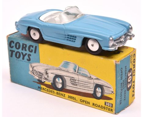 Corgi Toys Mercedes-Benz 300SL Open Roadster (303). In light blue with white interior, smooth spun wheels and black tyres. In