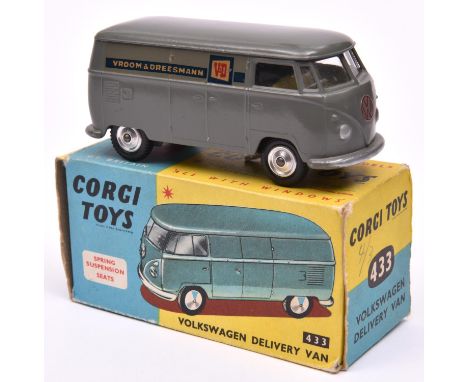A rare Corgi Toys Dutch Promotional Volkswagen Delivery Van (433). In dark grey 'Vroom &amp; Dreesmann' livery, with yellow i