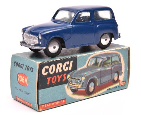 Corgi Toys Mechanical Hillman Husky (206M). An example in dark blue with smooth spun wheels and black tyres. Boxed, minor wea