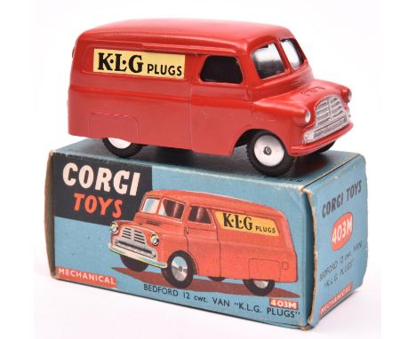 Corgi Toys Mechanical Bedford 12CWT Van 'KLG' Plugs (403M). An example in bright red with 'K.L.G. PLUGS' in black on yellow b