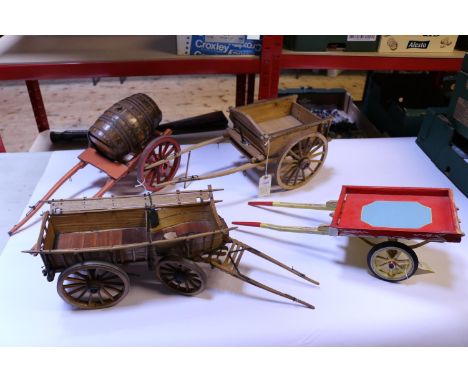 4x large scale kit-built wooden models of horse drawn mid-19th century wagons. A well constructed 4-wheel wagon in beech, tea