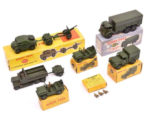 A quantity of Dinky Military. 25-Pounder Field Gun Set (697). Comprising Field Artillery Tractor, field gun and trailer. Plus