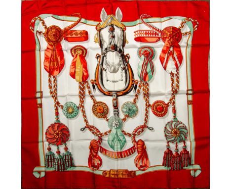 Silk scarf with red border in vibrant equestrian motif and green accents. Designed by Caty Latham for Hermes. In original env