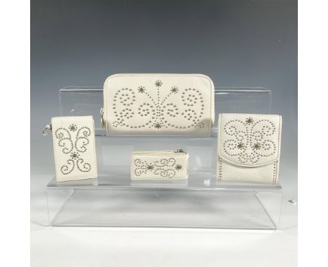 Light khaki textured leather wallet with metal accents in a butterfly pattern, attachable strap and zippered closure; 8"L x 1